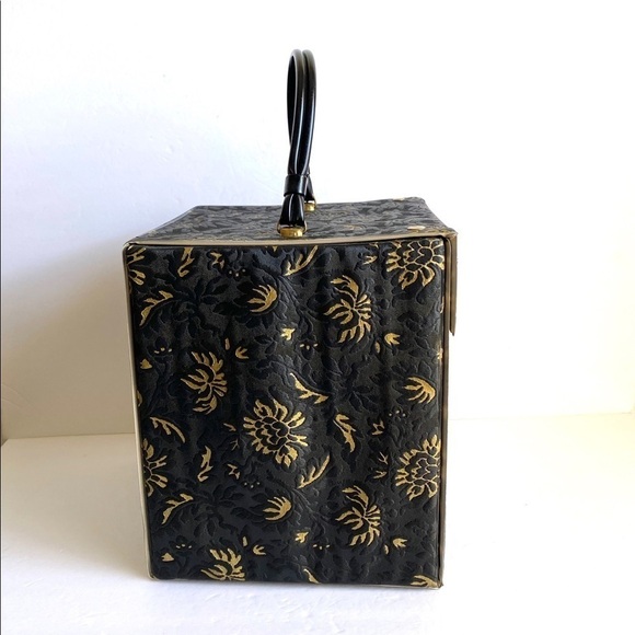 Vintage Hat Box Black & Gold Brocade Travel Bag - Picture 4 of 8